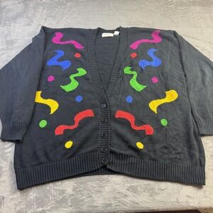 VINTAGE Elisabeth Liz Claiborne Sweater Womens 3X Black Cardigan Squiggle 90s